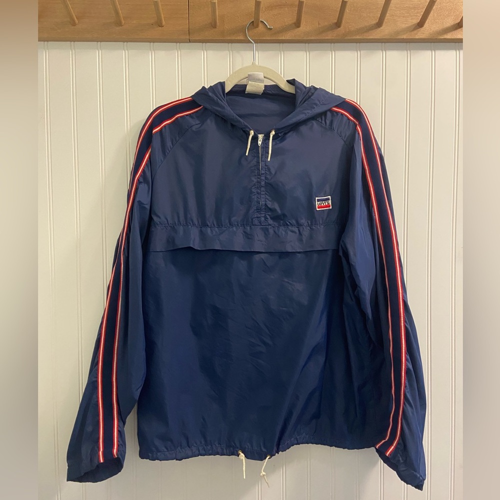 Vintage Levi’s Men’s 1/4 Zip Pullover Nylon Windbreaker Navy Blue Red White XL